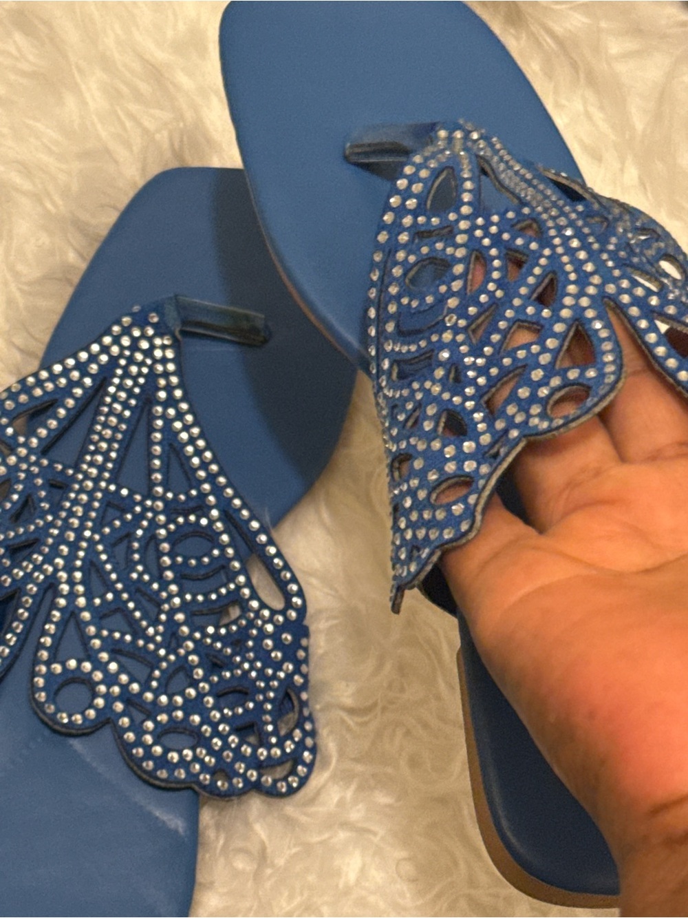 Women's Blue Rhinestone Cutout Toe-Post Sandals - Picture 3 of 5